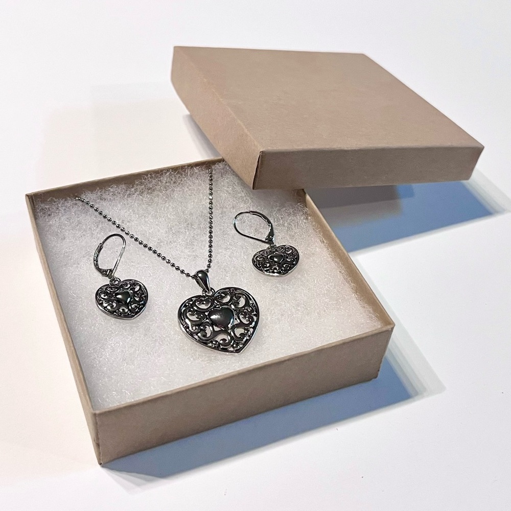 Cookie Lee Silver Filigree Puff Heart Necklace and Matching Earrings, LIKE NEW